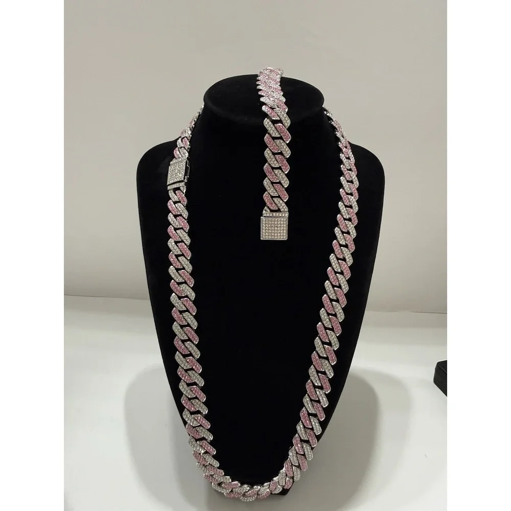 pink iced out cuban necklace & bracelet, you get both, sizes 24 & 8 Inch, 14mm